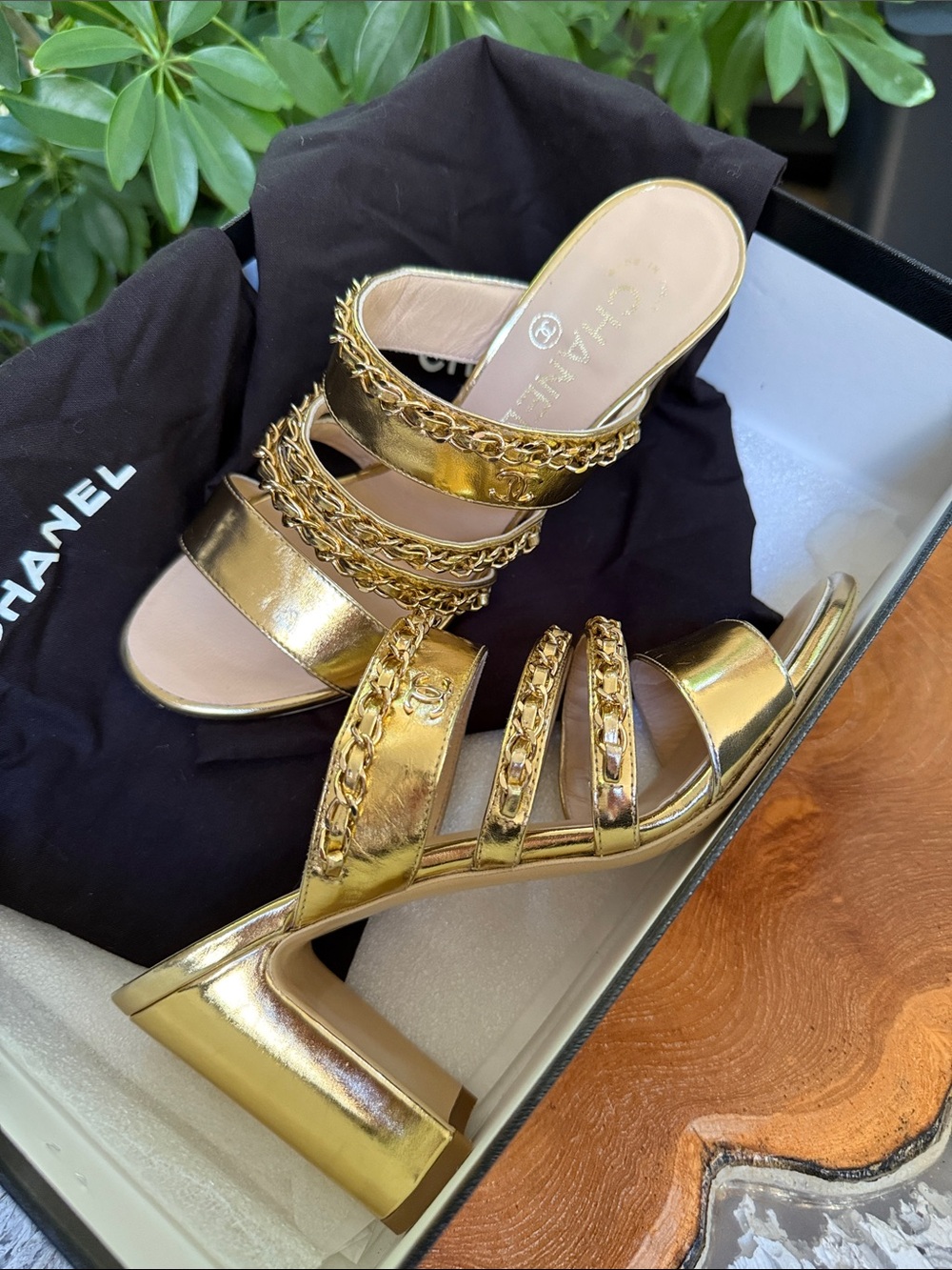 CHANEL Gold Chain-Trim High Block Heel Mules
